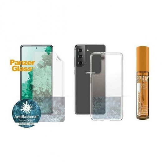 PanzerGlass Schutzset für Samsung Galaxy S21 TPU-Folie + ClearCase + Reinigungsflüssigkeit 30 ml